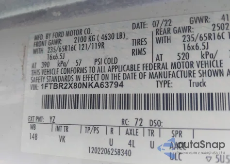 2022 Ford Transit T-250 из США, поврежденный, VIN 1FTBR2X80NKA63794